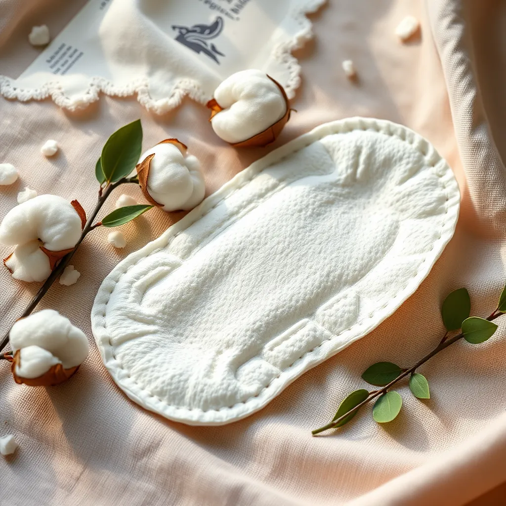 A close-up image of vegan sanitary pads made from organic cotton, displayed on a soft, natural fabric background. Include elements like raw cotton, plant leaves, and a light source that emphasizes the pad's texture and natural composition.