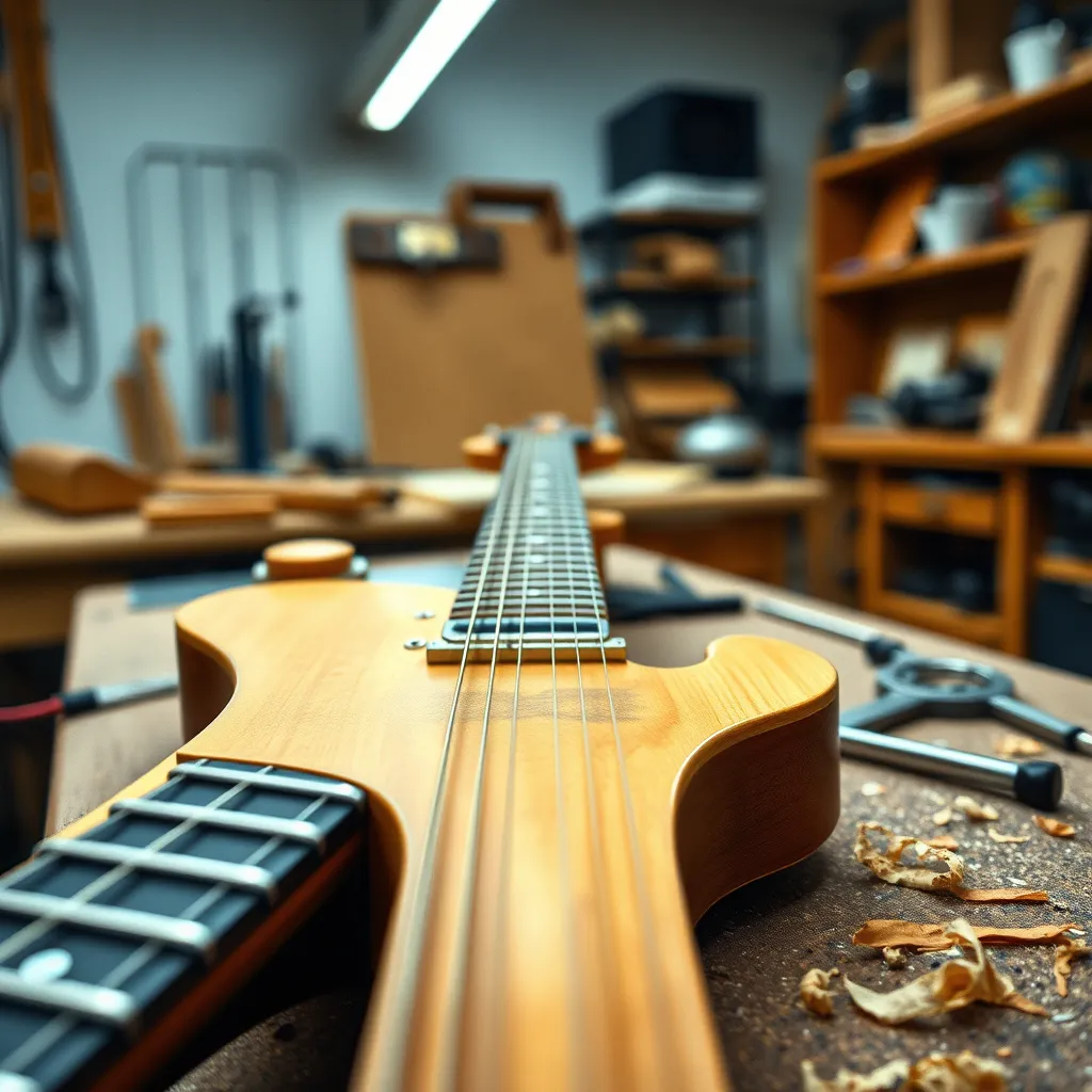  A close-up of a custom electric guitar on a workbench, highlighting its unique neck shape and fretboard. Tools like calipers and wood shavings are scattered around, emphasizing craftsmanship. Background should be a well-lit, tidy luthier's workshop.