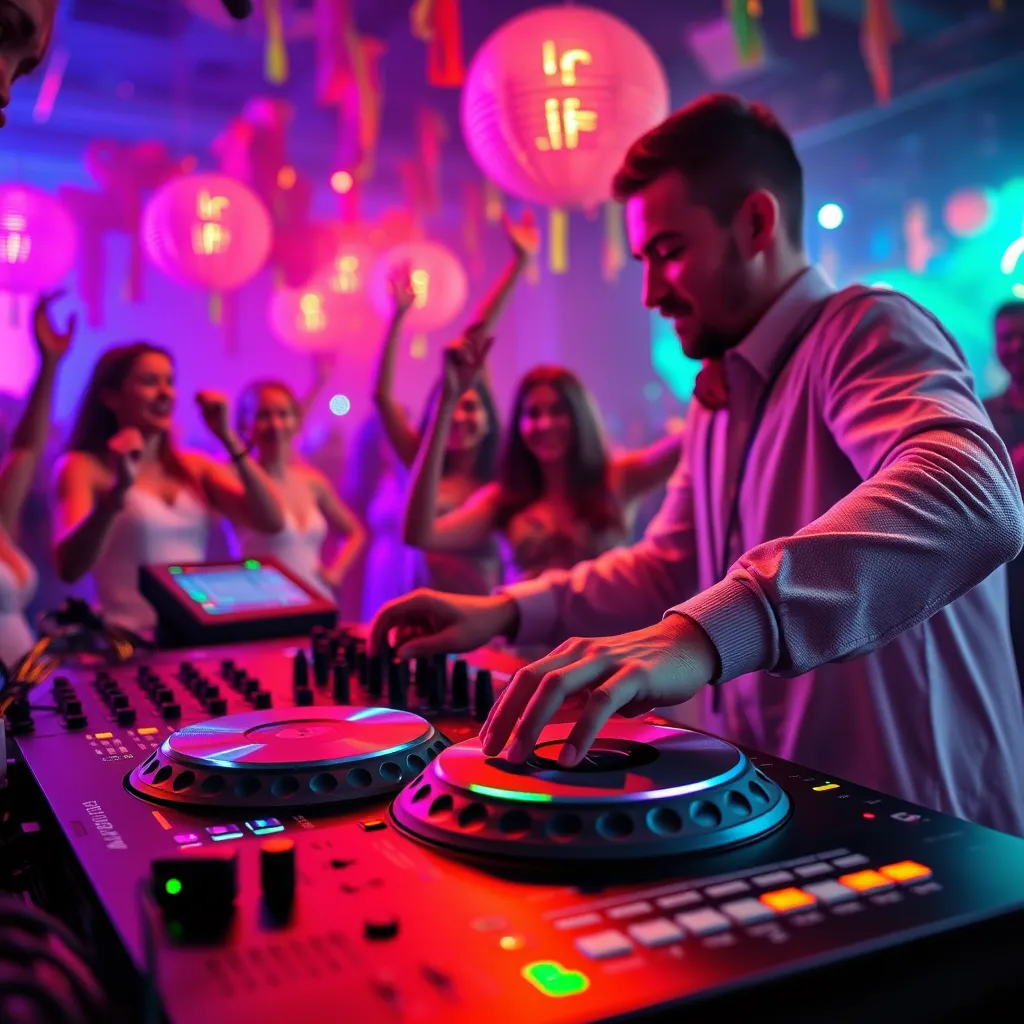 A close-up of a DJ mixing music on a high-tech turntable, surrounded by colorful lights and vibrant decorations. Guests are seen dancing joyfully, showcasing the lively atmosphere created by the curated playlist.