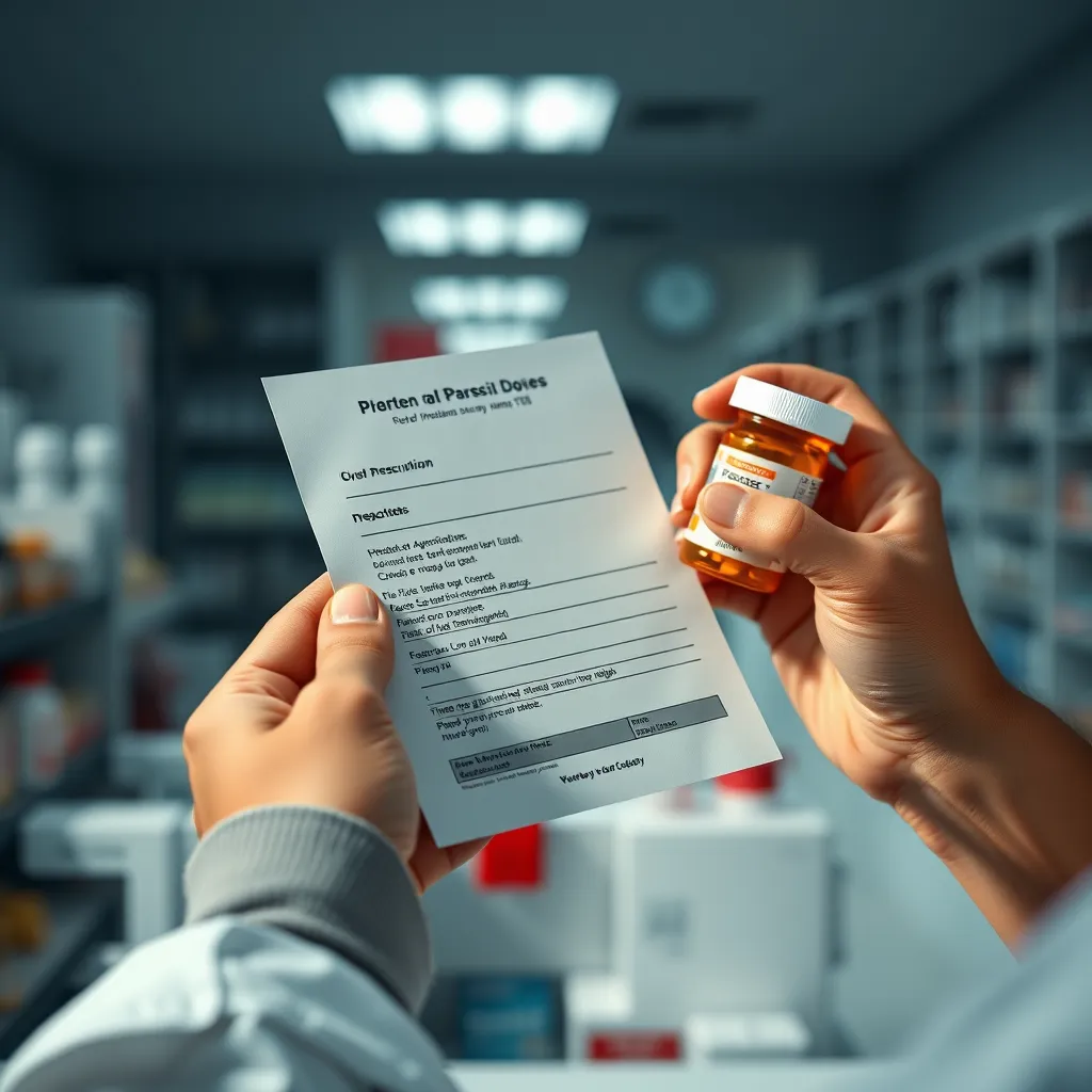 A close-up of hands holding a prescription note and a pill bottle, with the pharmacist's counter in the background. The note has clear text and dosage instructions, while the pharmacist is carefully verifying them.