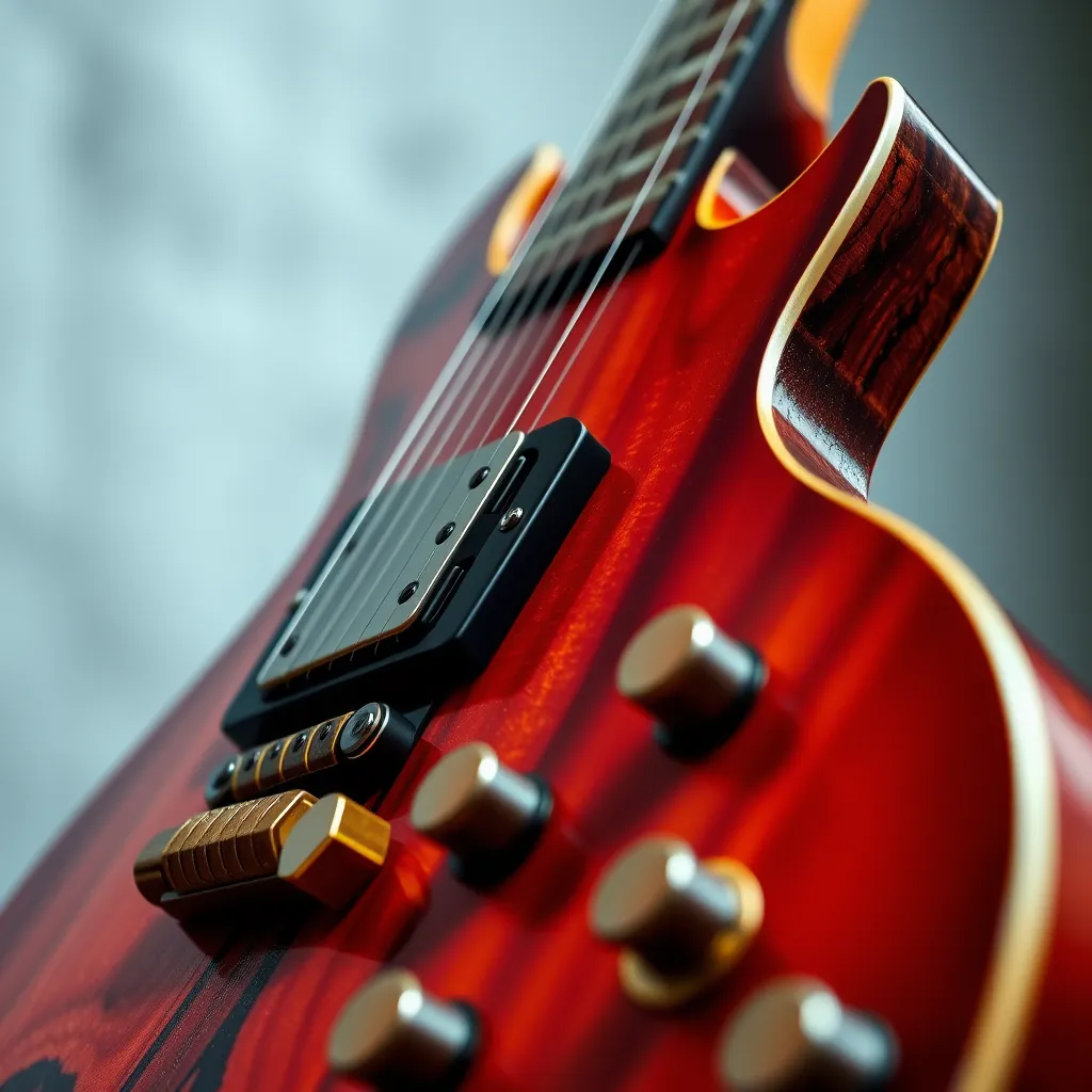 A close-up photo of a custom electric guitar showcasing unique features like exotic wood grain, customized pickups, and a rich, vibrant finish. The background should be softly blurred, focusing on the intricate details of the guitar's design.