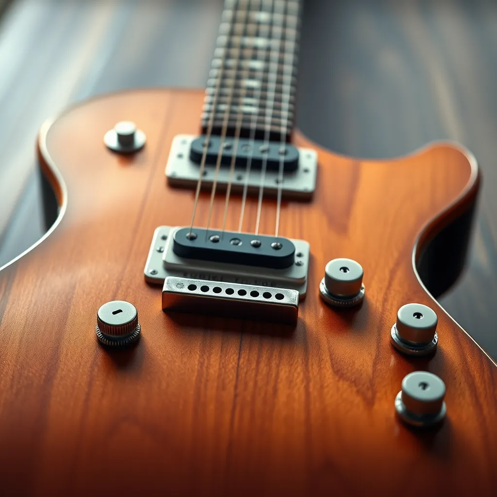 A close-up shot of an electric guitar showcasing various pickup configurations, different wood grains on the body, and a unique neck design. The background should be blurred to emphasize the guitar's components with soft lighting highlighting the textures.
