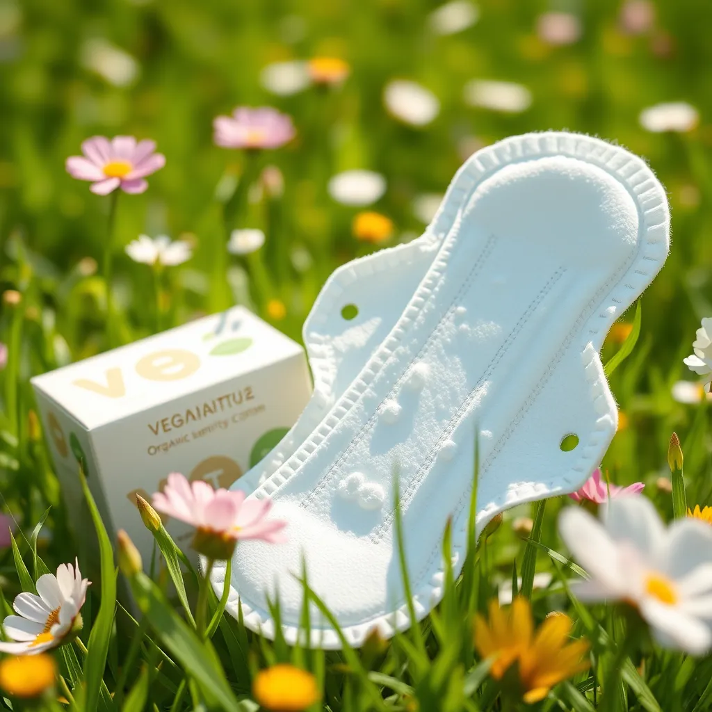 A close-up view of vegan sanitary pads made from organic cotton, displayed in a natural setting such as a bright, green meadow. Highlight the pads’ texture and eco-friendly packaging, surrounded by fresh flowers and sunlight to symbolize nature.