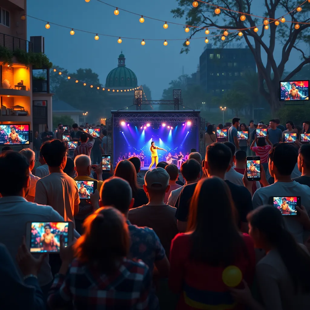 A collage of diverse fans from different countries watching a live streamed concert on their devices. The scene includes various locations, such as homes, cafes, and parks, with glowing screens showing the performance, conveying a sense of global unity.
