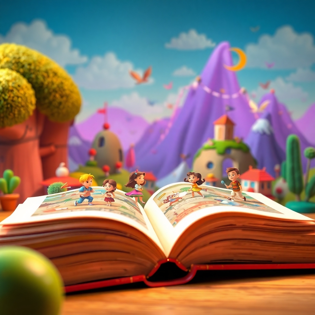 A colorful scene depicting an animated book with pages flipping open, revealing vibrant characters and a dynamic landscape. In the background, an audible soundwave visually blends into animated illustrations, capturing the essence of a narrative experience.