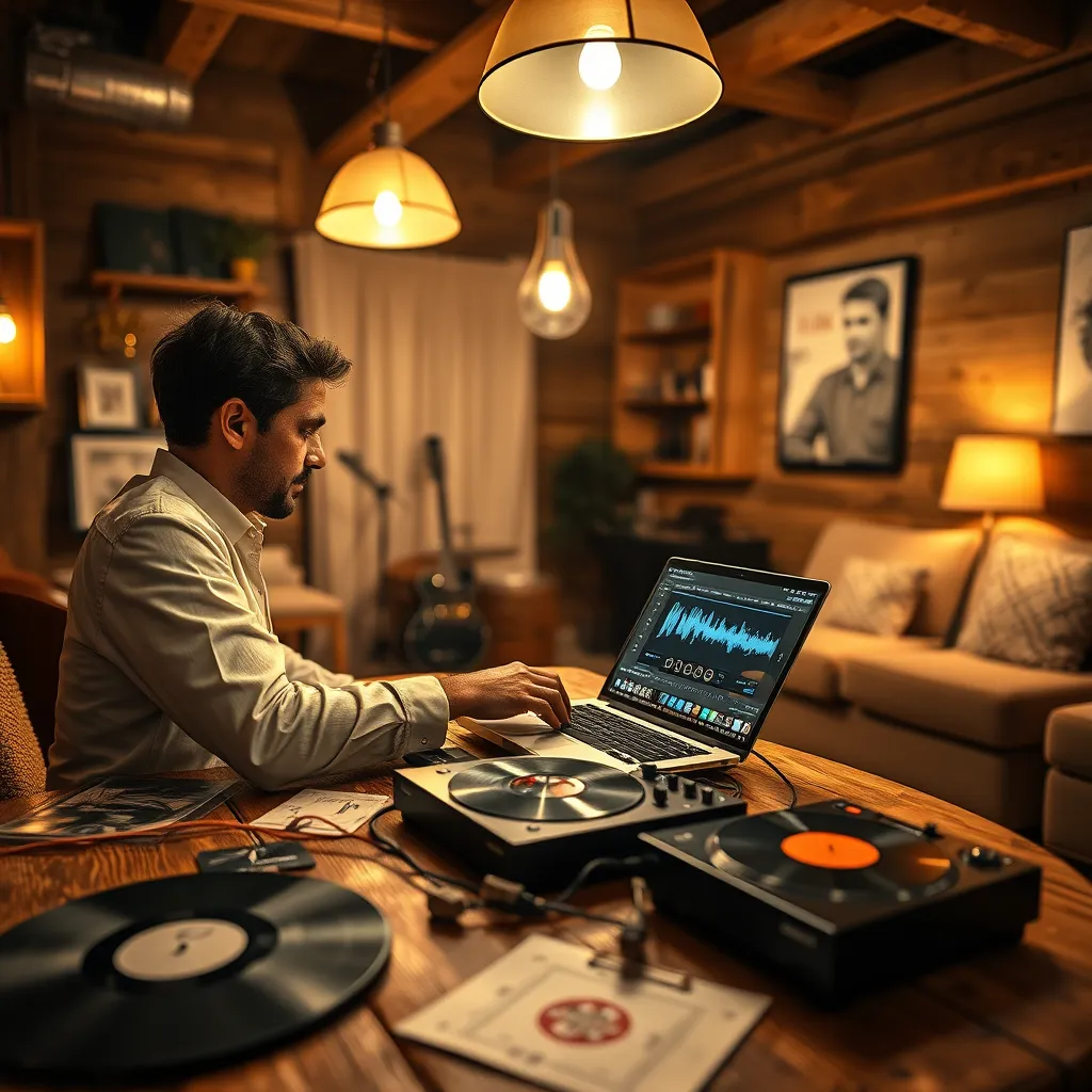 A cozy, intimate setting with a DJ curating a custom playlist for an elegant gathering. The DJ sits at a rustic wooden table with an open laptop, focused intently on the screen, surrounded by an array of vinyl records and musical notes. Warm, inviting lighting from soft overhead fixtures highlights the DJ's creative process, casting a gentle glow over the workspace. The color palette includes rich browns, soft whites, and pops of color from the album covers, creating a relaxed and artistic mood. Include elements like musical instruments in the background and comfortable seating arrangements for guests. Captured at eye level, emphasizing the DJ’s concentration and the vibrant visual of music on the screen. This image should be hyperrealistic and detailed in 8K resolution, showcasing the textures of the wood, fabrics, and the warmth of the lighting, evoking a sense of creativity and passion for music.