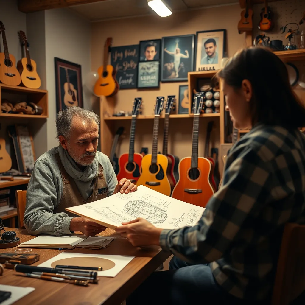 A cozy, well-lit guitar studio featuring a luthier in a focused discussion with a client, examining guitar sketches and materials. The atmosphere is warm and inviting with natural wooden furniture. Soft diffused lighting highlights the intricate details of the sketches and the unique wood grains of guitar materials. The color palette includes earthy browns and rich reds, conveying creativity. The camera angle is slightly elevated, focusing on the interaction between the luthier and the client while also capturing the beautifully crafted guitars in the background. Textures showcase the smoothness of the wood, and the distinct grain patterns. Environmental details include open wooden shelves filled with guitar components, tools, and inspirational images. 8K resolution, hyperrealistic style, ultra-detailed.