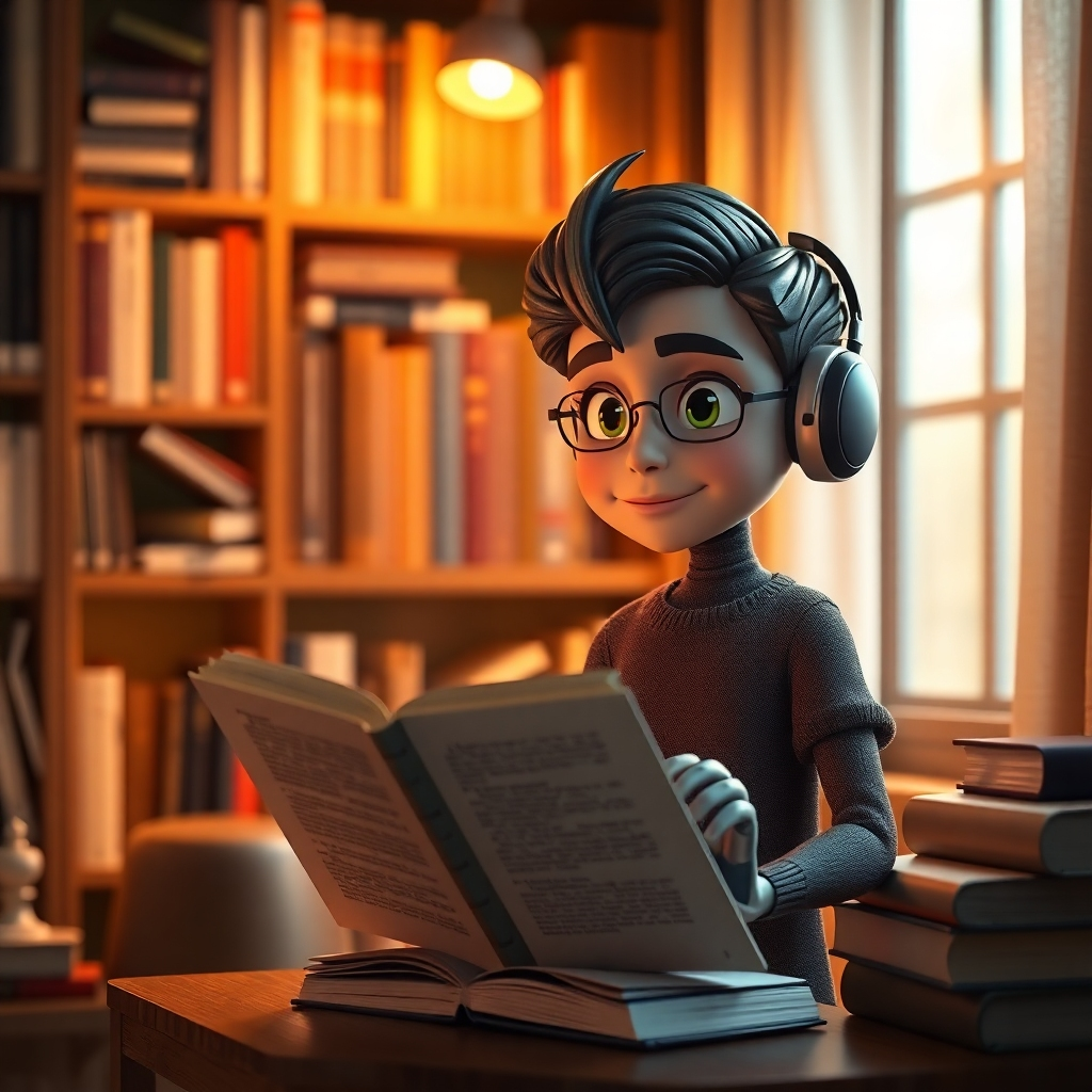 A cozy reading nook featuring a high-tech audiobooks setup. In the foreground, an AI avatar of a character stands animatedly beside an open audiobook, with lifelike facial expressions. The background shows shelves filled with books and a warm, inviting light.