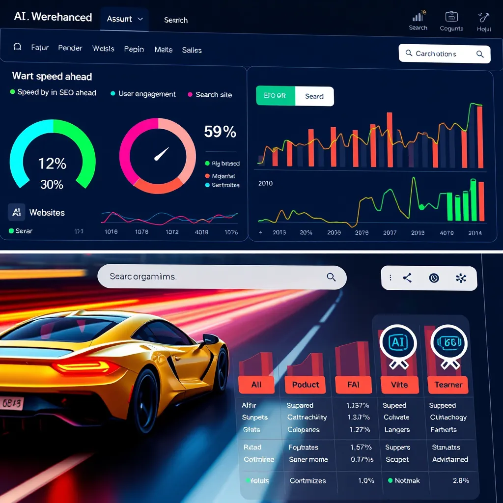A digital dashboard showing AI-enhanced website performance metrics like speed, SEO, and user engagement. Websites racing ahead in speed tests visualized as fast cars. A search engine interface showing top rankings for optimized sites with AI icons beside them.