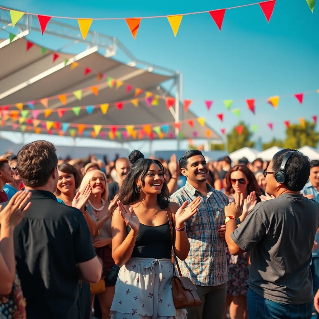 A diverse group of people in a large outdoor setting, enjoying a live band performance. They are clapping, singing along, and engaging with each other, showcasing smiles and laughter. The ambiance is lively, with colorful decorations and a clear blue sky.
