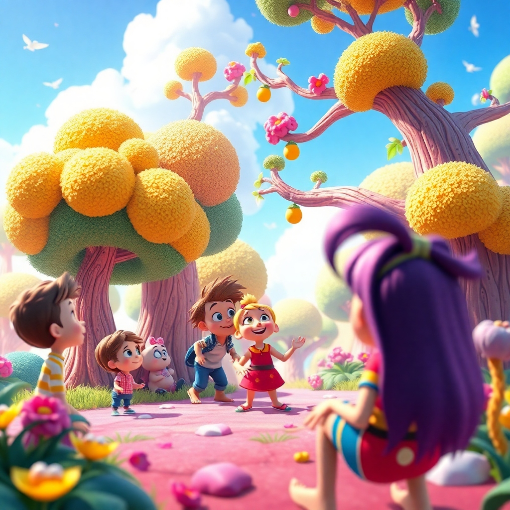  A dynamic animated storyboard scene depicting a whimsical, colorful world with characters engaging in a narrative. Include whimsical trees, vibrant colors, and animated characters expressing emotions like joy and surprise, set against a lively background that emphasizes storytelling.