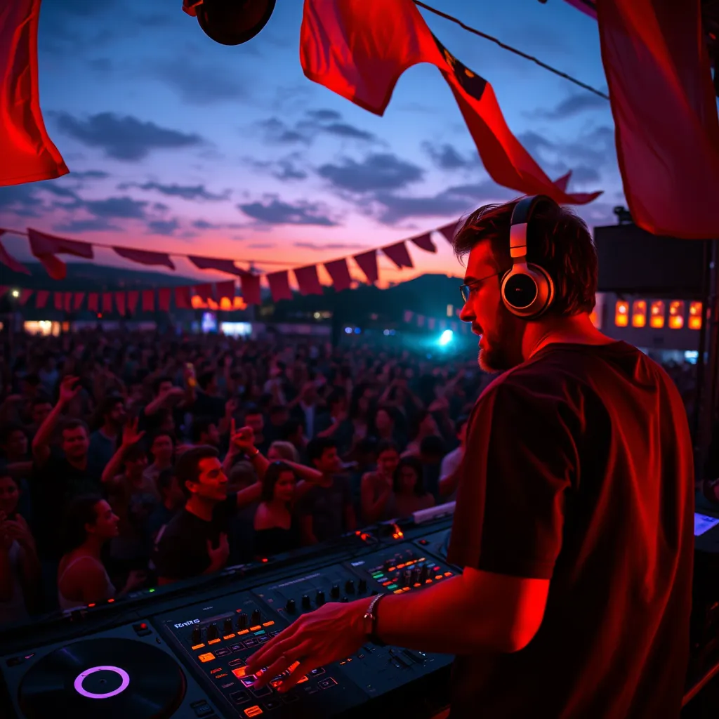 A dynamic scene featuring a DJ performing live at an outdoor festival at dusk. The DJ wears stylish headphones, surrounded by elaborate sound equipment with colorful LED lights glowing. The backdrop showcases a vibrant crowd dancing and enjoying the music, with the horizon displaying a sunset gradient of deep orange and purple hues. Dramatic side lighting casts energetic shadows, highlighting the DJ's focused expression as he interacts with the audience. The atmosphere is electrifying and lively, enriched with textures of vinyl records and soft fabric banners fluttering in the breeze. Captured from a low angle to emphasize the DJ and the crowd above, creating a sense of unity and excitement. Photorealistic image in 8K resolution, hyperrealistic details in facial expressions, crowd movement, and lighting, evoking a mood of celebration and joy.