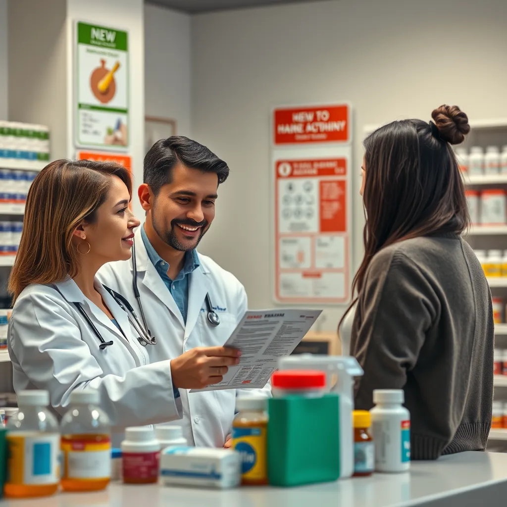 A friendly conversation between a pharmacist and a customer at the pharmacy counter. The pharmacist is pointing at a leaflet while the customer listens attentively, with various medicine bottles and informational posters around.