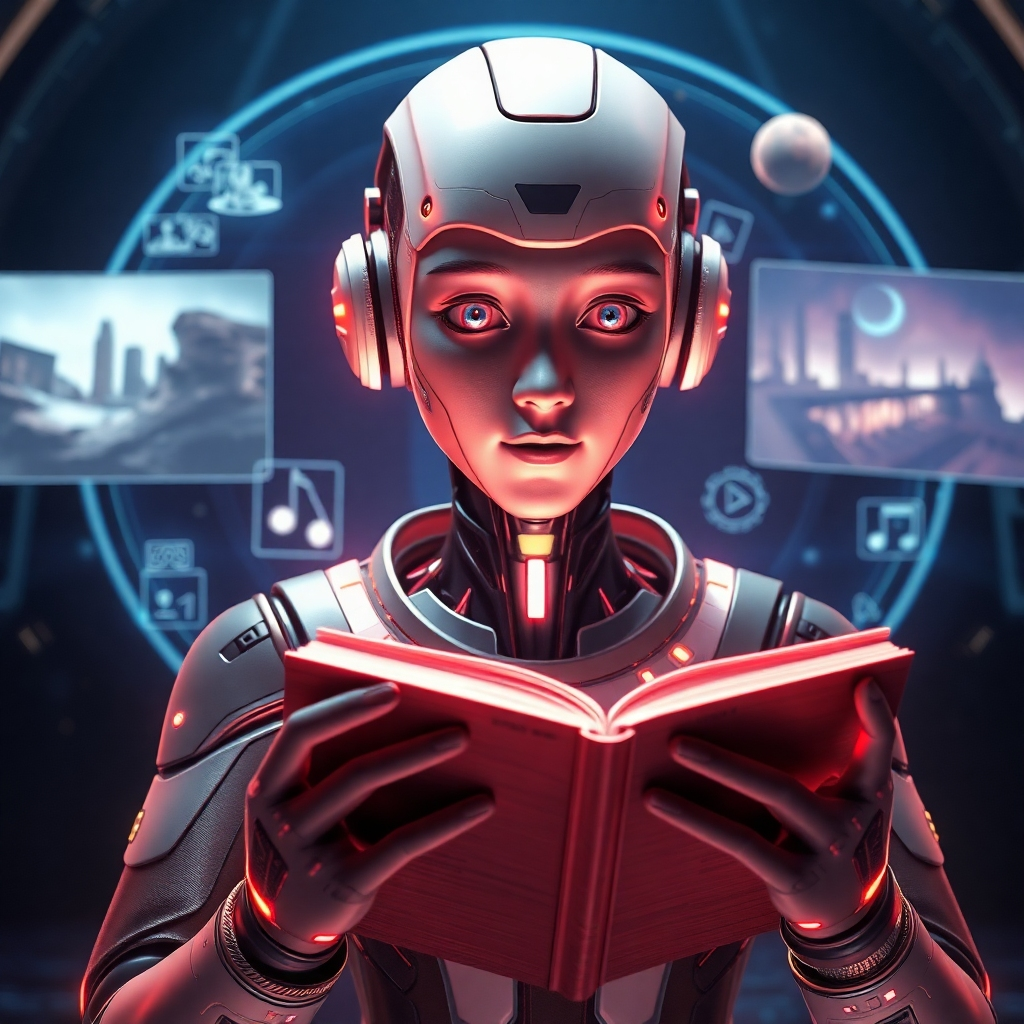  A futuristic scene featuring an AI avatar narrating a story. The avatar is humanoid with realistic features and expressive gestures. Surround it with holographic effects showing scenes from the audiobook, illuminating the connection between narrative and visual elements.