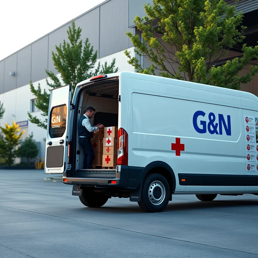 A highly detailed image of a modern delivery van branded with 'G&N' on its side, parked in front of a well-lit, large medical supply warehouse. The driver, dressed in a neat uniform, is carefully loading boxes marked with red cross symbols into the van. The scene takes place during the day under soft diffused lighting, with clear skies overhead. The color palette includes white, blue, and red accents to emphasize cleanliness and professionalism. The camera angle is a three-quarter view, focusing on the driver and the back of the van. Texture details include the smooth, polished surface of the van, the cardboard material of the boxes, and the concrete ground. In the background, green trees add a touch of nature, while more medical supply boxes are stacked neatly. The style is hyperrealistic, capturing every fine detail, rendered in 8K resolution, ensuring ultra-high quality and photorealism.