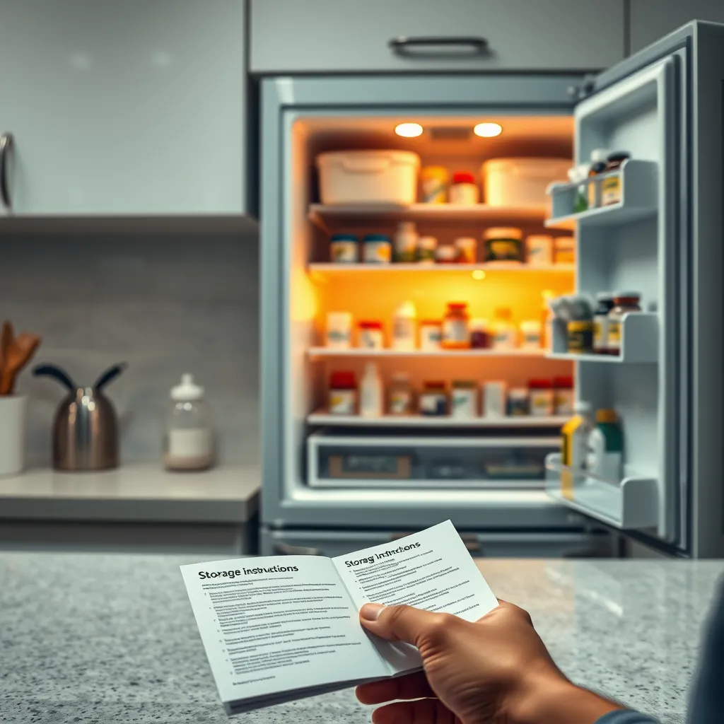 A kitchen counter with a refrigerator door open, showing medicines stored inside. In the foreground, there's a leaflet with storage instructions being read by a person.