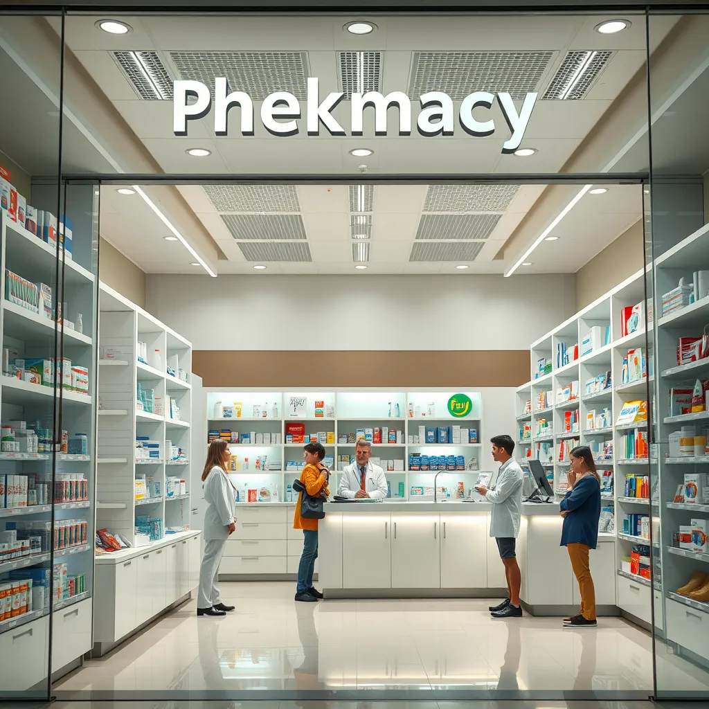 A modern pharmacy with a welcoming facade. Inside, shelves neatly organized with medical supplies, a smiling pharmacist behind the counter, and customers browsing or consulting with staff. The atmosphere is clean and professional.