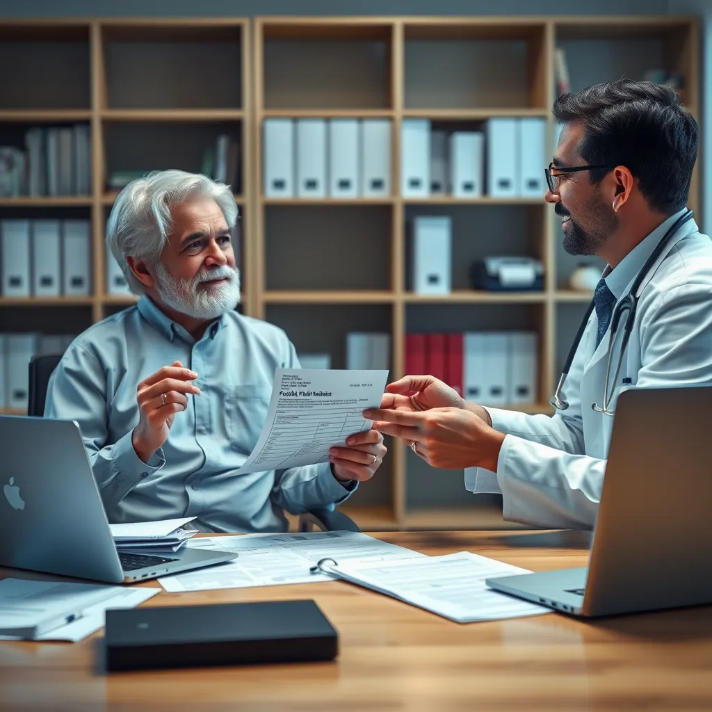A patient sitting at a desk with a prescription in hand, discussing details with a friendly doctor. The desk has medical charts and a laptop. Both look engaged and serious, with shelves of medical books in the background.