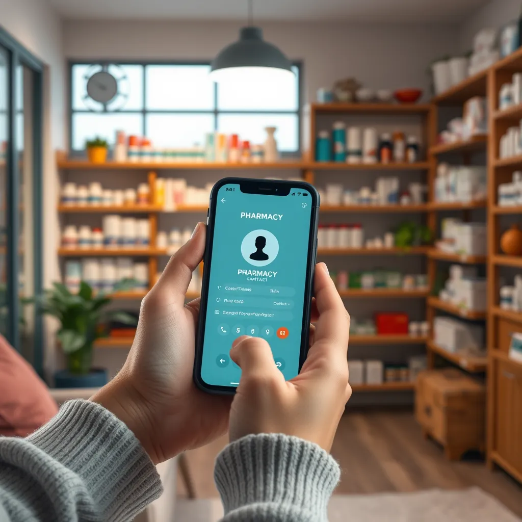 A person calling a pharmacy from a cozy home interior with a phone in hand. The phone screen shows a pharmacy contact. In the background are shelves with medication, indicating a well-stocked inventory.