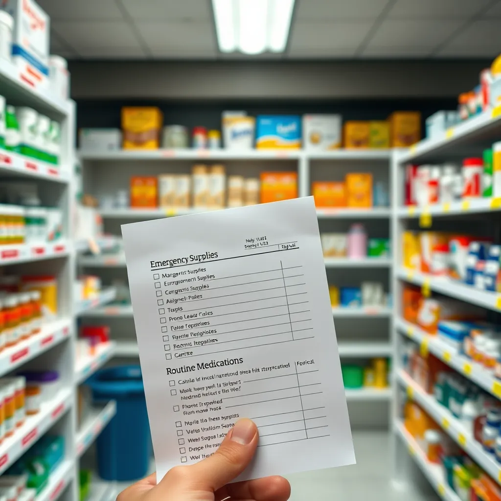 A person holding a detailed shopping list with sections for 'Emergency Supplies' and 'Routine Medications'. The background is a well-organized pharmacy with shelves of various medical supplies.