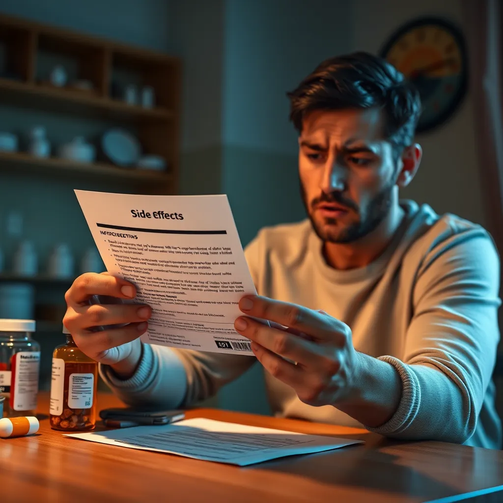 A person sitting at a table, holding a medicine bottle and reading the side effects on an information leaflet, with a concerned expression on their face.