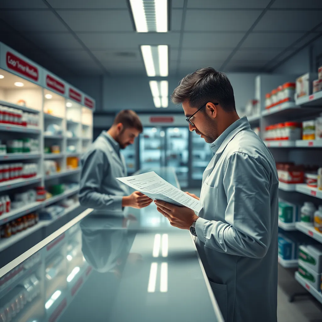 A person standing at a pharmacy counter, carefully reading their prescription and checking it against the medicine labels, with a pharmacist in the background.