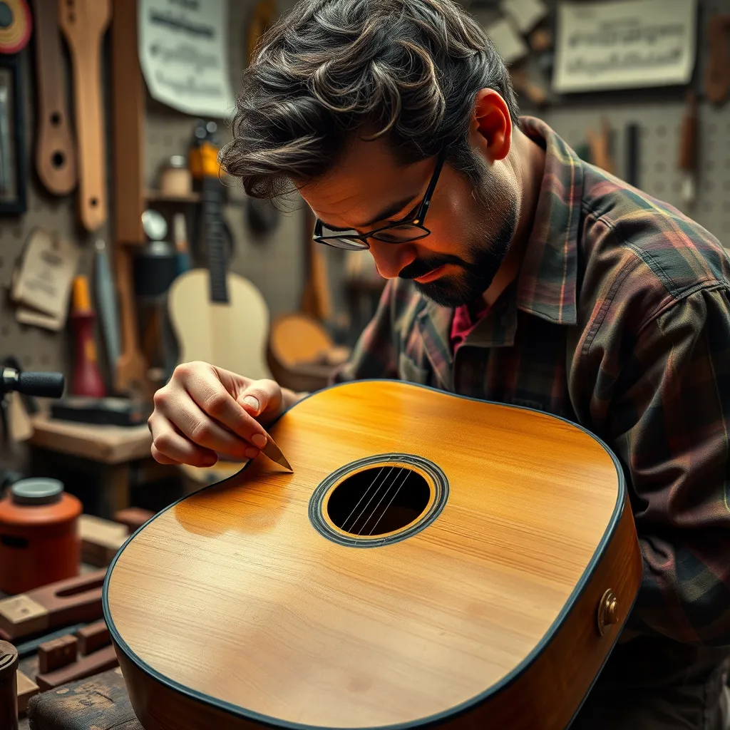 A photorealistic image of a skilled luthier carefully shaping a guitar body in a workshop filled with tools, wood, and musical notes. Highlight the precision and attention to detail on the luthier's face as they work on the guitar.