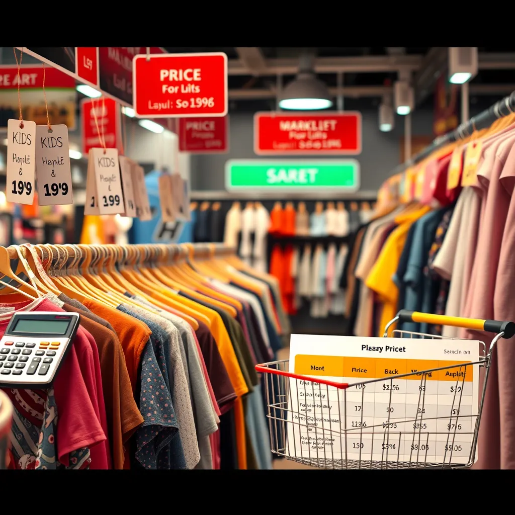 A playful market scene with price tags and discounts prominently displayed on racks of clothing, both for kids and adults. A calculator, shopping cart, and a price comparison chart are visible, showcasing thoughtful pricing strategies used by a savvy seller.
