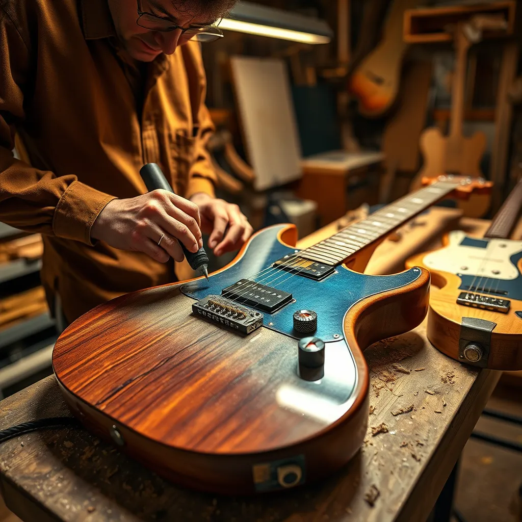 A skilled luthier actively working on a custom electric guitar in a well-lit workshop. The scene captures the precise moment of shaping a guitar body with power tools, engulfed in warm ambient lighting that casts soft shadows. The detailed focus showcases the luthier's hands skillfully maneuvering the tools, emphasizing the craftsmanship involved. The color palette includes rich mahogany and vibrant touches of electric blue for the guitar body. The camera angle is a close-up, highlighting the texture of the raw wood and the shiny metallic components on the workbench. Surrounding elements include guitar templates, wood shavings, and partially finished instruments, adding depth to the environment. Inspired by the style of renowned artist David King. 8K resolution, ultra-detailed and hyperrealistic.
