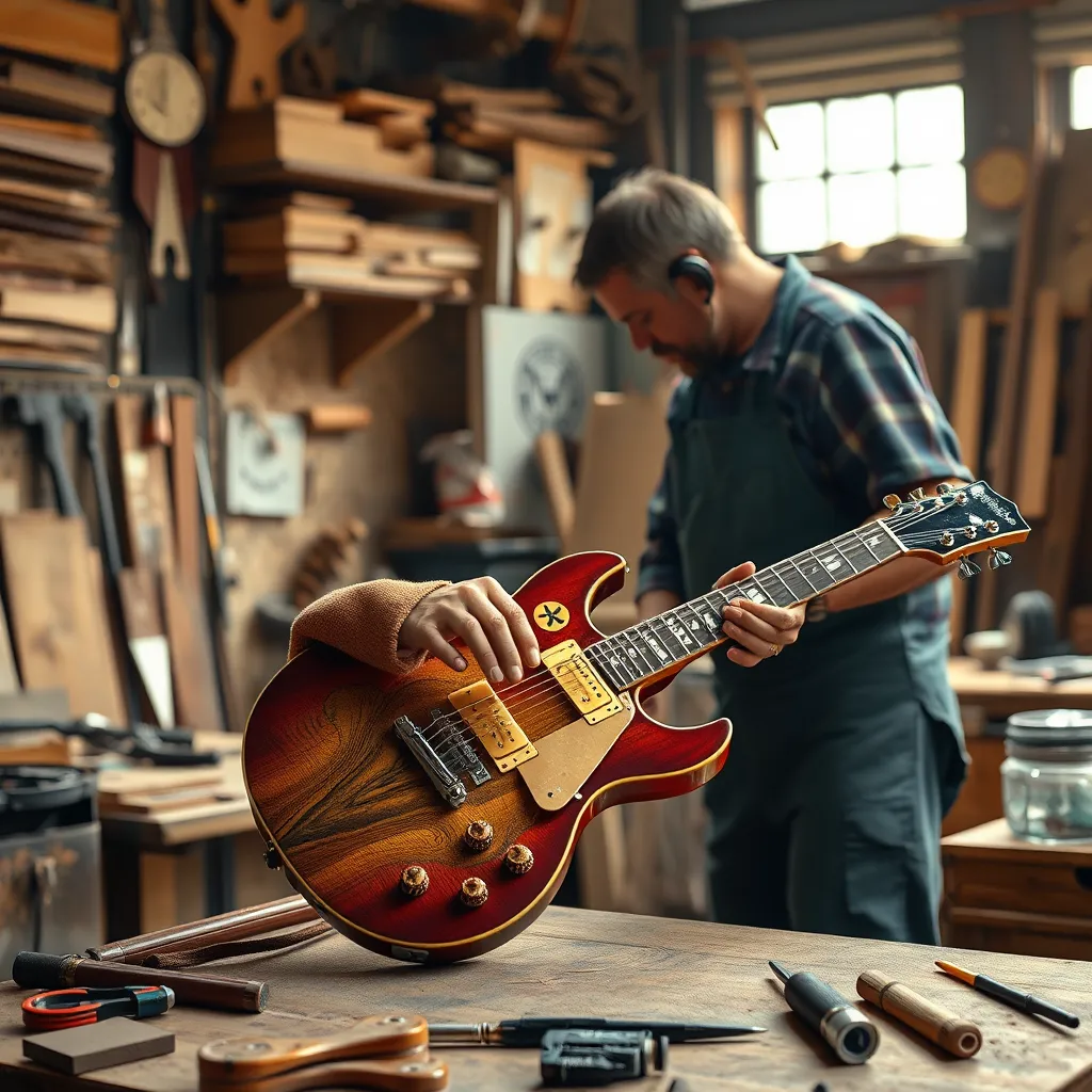A skilled luthier in a workshop, carefully crafting a custom electric guitar. The image should showcase various wood types, tools scattered around, vibrant colors, and intricate designs on the guitar body, with sunlight filtering through the workshop window.