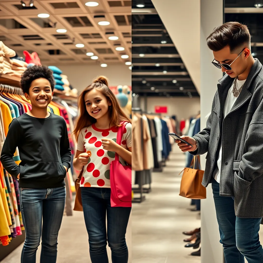 A split image representing two distinct groups of shoppers: on the left, a joyful parent shopping for colorful kids' clothes with playful patterns, and on the right, a stylish adult examining trendy outfits in a modern retail setting. Both areas should appear inviting and vibrant.