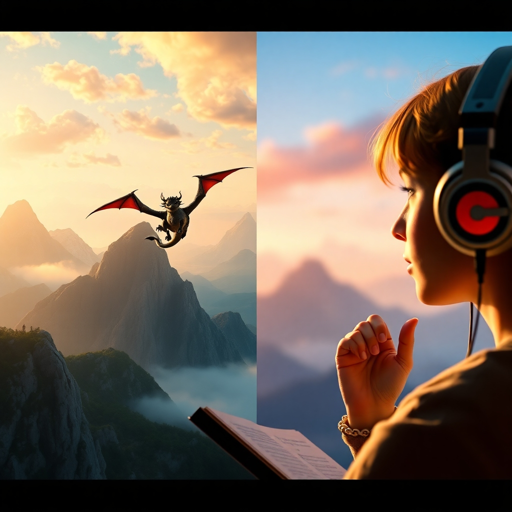 A split-screen image depicting a fantasy audiobook scene; one side shows an animated sequence of a dragon flying over mountains while the other side features a person listening intently with headphones. The colors are vibrant and enchanting.