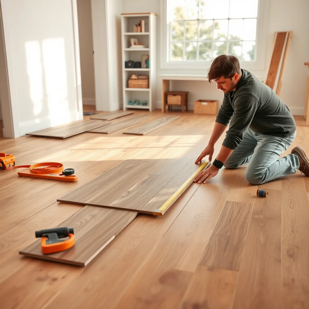 A step-by-step depiction of installing vinyl plank flooring in a home. Include laid-out planks, essential tools like a cutter and measuring tape, with an emphasis on a person skillfully placing the planks in a clean, organized environment.