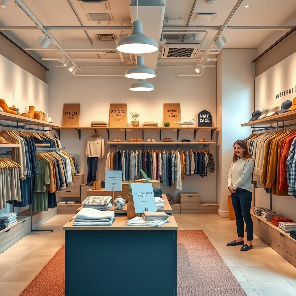 A stylish boutique showcasing ethical clothing brands for kids and adults. The interior features minimalistic decor with a cozy atmosphere, displaying garments with ethical labels, and smiling sales personnel ready to assist customers, conveying a sense of community and responsibility.