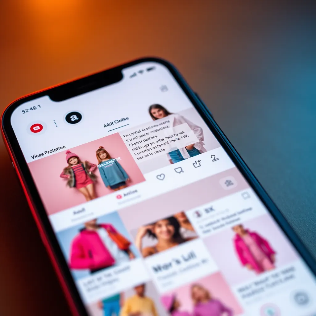 A vibrant, eye-catching social media feed displayed on a smartphone screen, featuring fashionable kids and adult clothing. Stylish product photos, customer testimonials, and engaging posts that highlight promotions create an appealing online presence.
