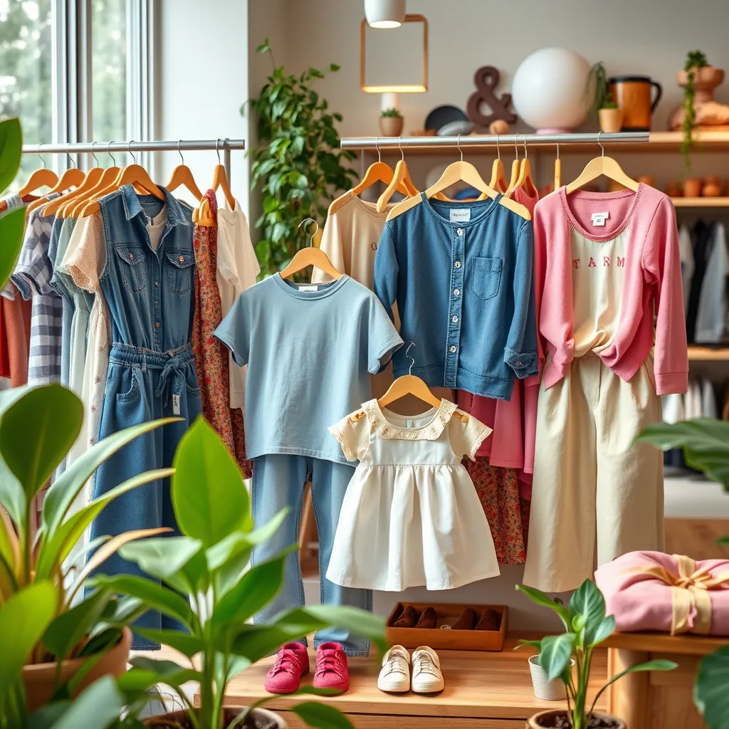 A vibrant clothing display featuring kids and adult clothing made from organic cotton and recycled materials. The scene should be set in a bright, eco-conscious boutique, with labels showcasing sustainability, alongside plants and natural elements for a harmonious look.