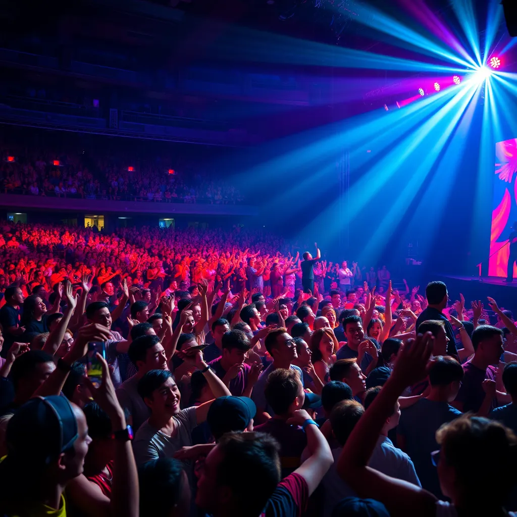 A vibrant concert scene showcasing a large, enthusiastic audience, illuminated by colorful lights, with a charismatic artist performing on stage. The atmosphere is electric, capturing fans singing along and dancing, reflecting joy and connection.