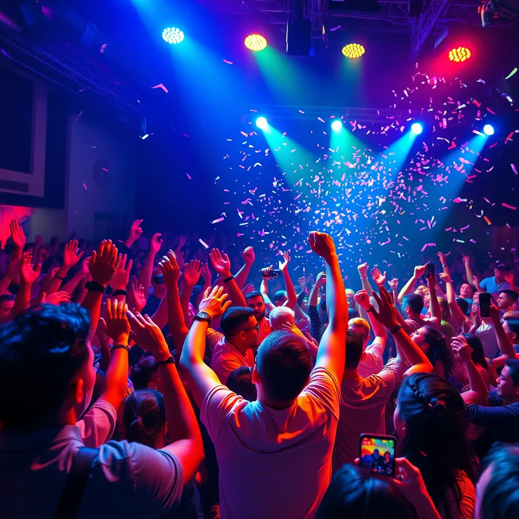 A vibrant concert scene showcasing a diverse crowd cheering passionately under colorful stage lights, with a charismatic performer interacting with the audience. Capture the energy and excitement, emphasizing the connection between the artist and fans, with visual elements like confetti and dynamic lighting.