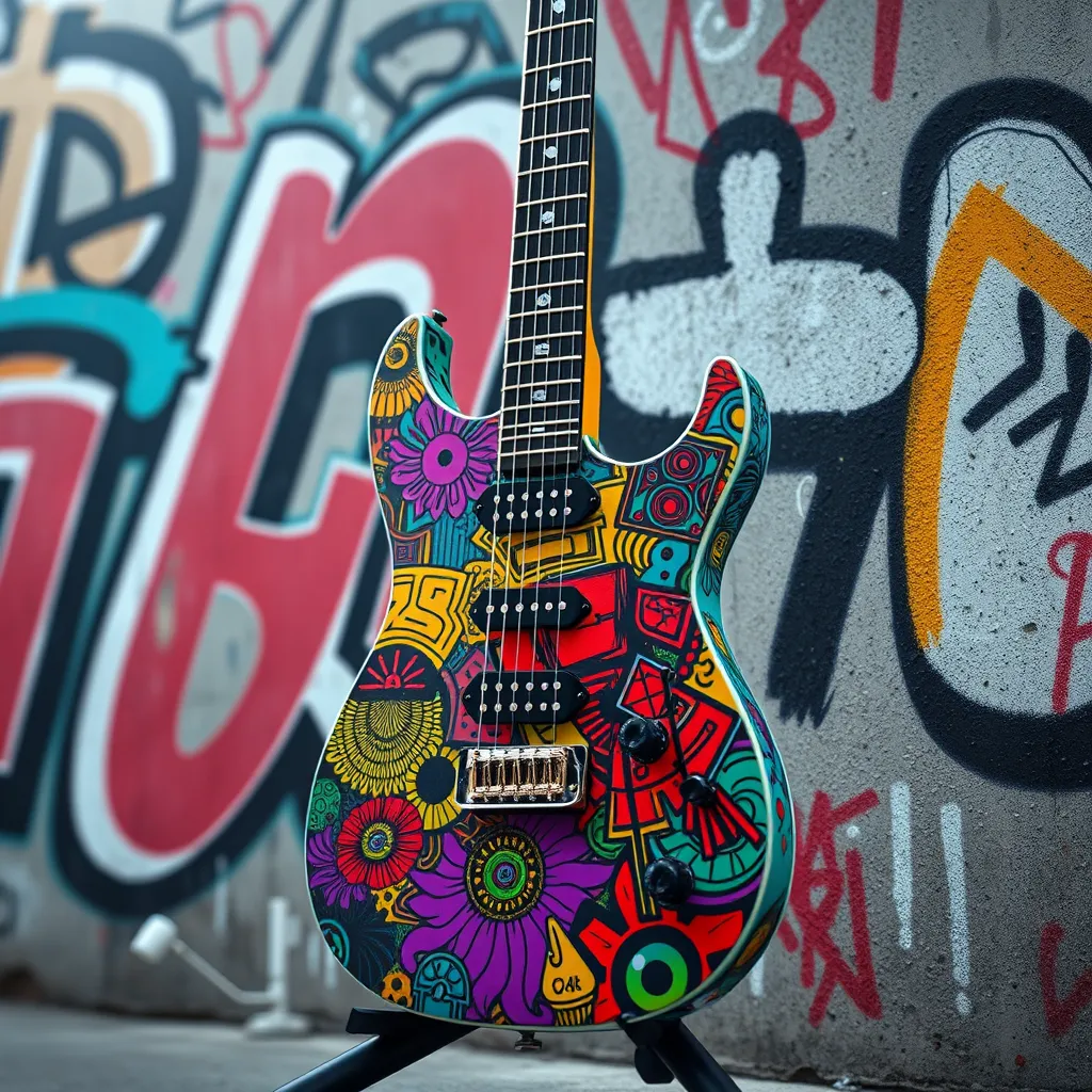 A vibrant electric guitar with bold graphics, intricate patterns, and bright colors, displayed against a graffiti-covered wall. The image should capture the character and personality reflected in the guitar's design with urban art elements in the background.