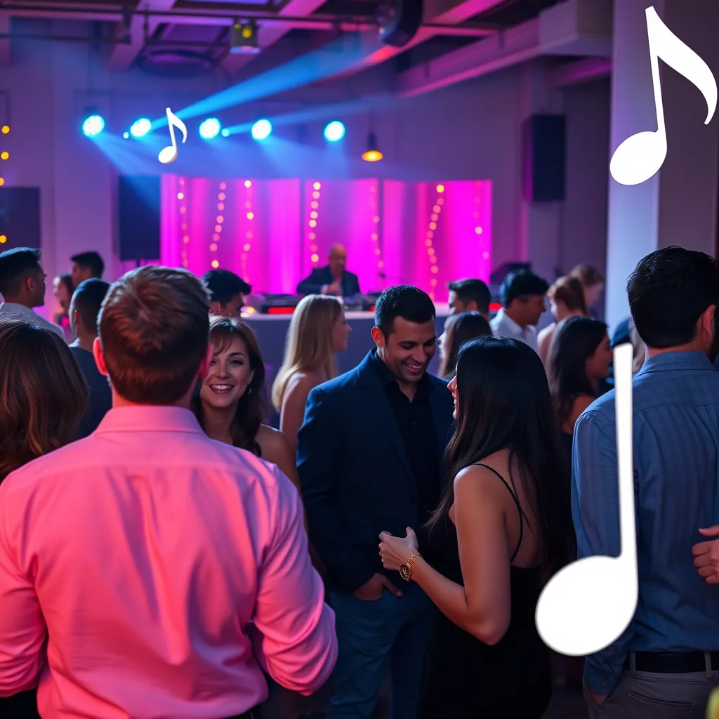 A vibrant event scene showcasing guests mingling, with soft lighting and a DJ booth in the background. People are dancing and laughing, creating a warm and inviting atmosphere. Musical notes subtly emerge around the scene, representing the mood set by the music.