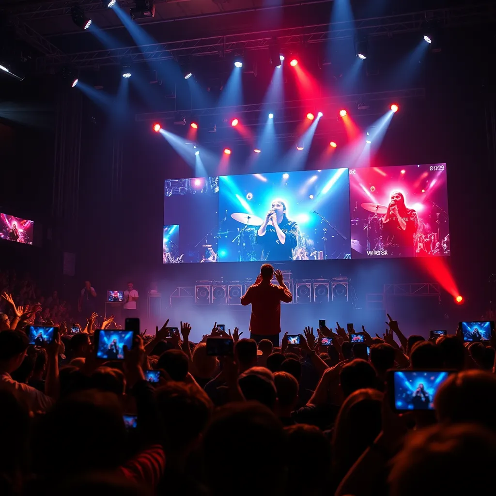 A vibrant scene depicting a musician performing on stage, with a large audience in front and a dynamic digital display showing live streaming from multiple angles. Include fans watching from home on various devices, like smartphones and laptops, creating a sense of connection and excitement.