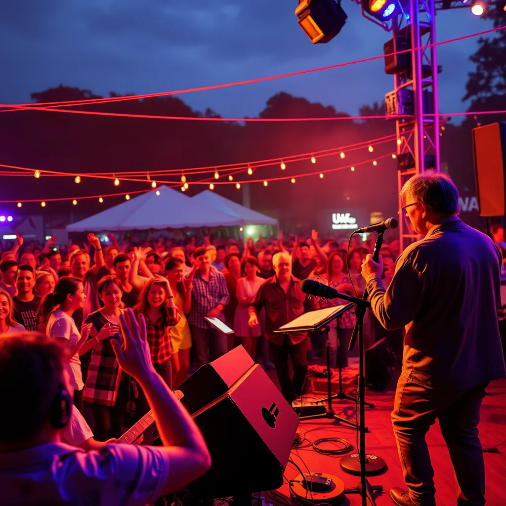 A vibrant scene of a live band performing at an outdoor event, with an enthusiastic crowd dancing and enjoying the music. Showcase a range of instruments, such as guitars, drums, and a microphone, with colorful stage lighting enhancing the atmosphere.
