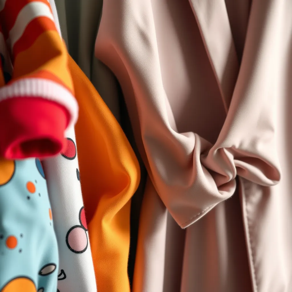 A visually striking display of clothing showcasing quality fabrics. On one side, a close-up of soft, durable kids' clothing with vibrant colors and playful designs, and on the other, elegant, sophisticated adult apparel made from luxurious materials. The light should highlight the textures.