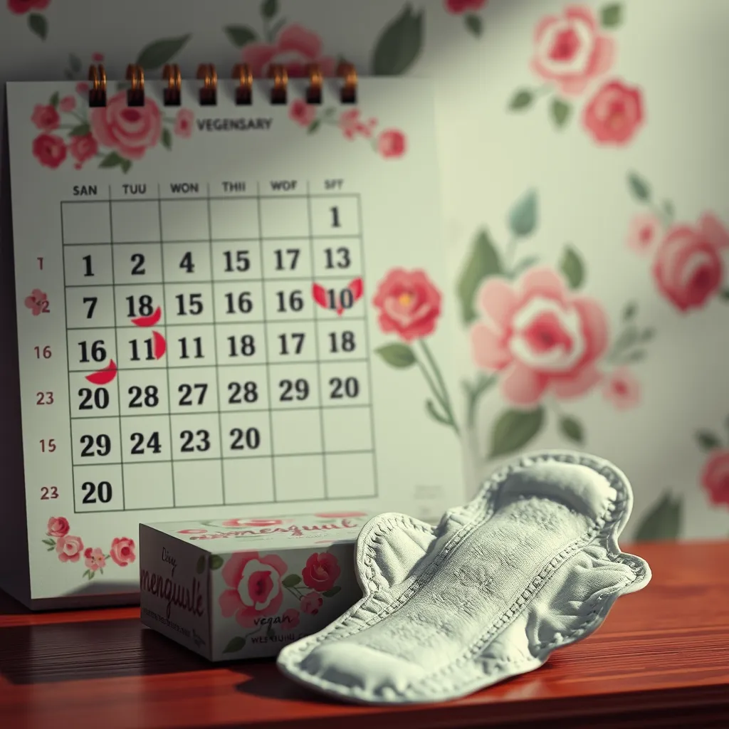 A vivid photorealistic image showing a calendar marked with menstrual cycle dates, alongside a box of vegan sanitary pads. The calendar should have floral designs to emphasize femininity, and the pads should be beautifully arranged to illustrate their health benefits.