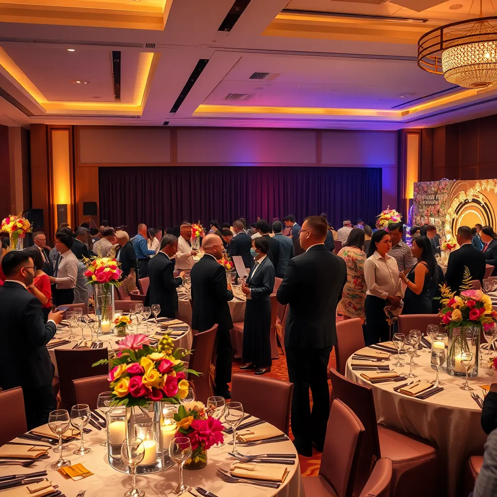 A well-organized event setup in an upscale venue, showcasing elegant decorations. The scene features a professional host engaging with guests at a beautifully arranged cocktail table adorned with vibrant floral centerpieces. Soft diffused lighting creates a warm and inviting atmosphere, illuminating the space in golden tones. High-quality materials like polished wood and glass enhance the elegance of the environment, while artfully designed backdrop elements create a festive yet elegant mood. Include guests mingling, dressed in semi-formal attire, and enjoying drinks. Captured from an elevated perspective to encompass the entirety of the event space, providing a comprehensive view of interactions and decor. Photorealistic in 8K resolution, emphasizing intricate details in clothing textures, table settings, and ambient lighting to convey sophistication and enjoyment.
