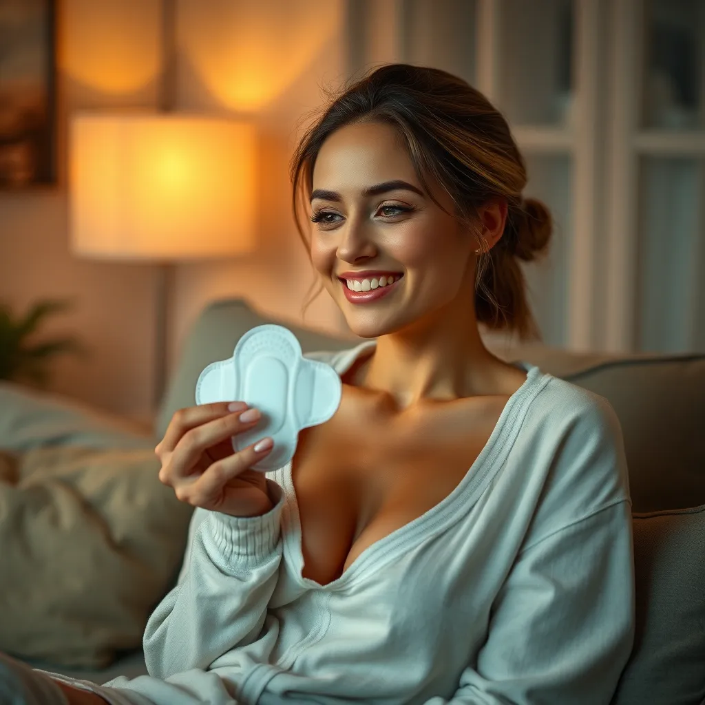 A woman in a relaxed setting, wearing comfortable loungewear, looking content while holding a vegan sanitary pad with a soft expression. Include a cozy home environment with ambient lighting to depict comfort and tranquility.