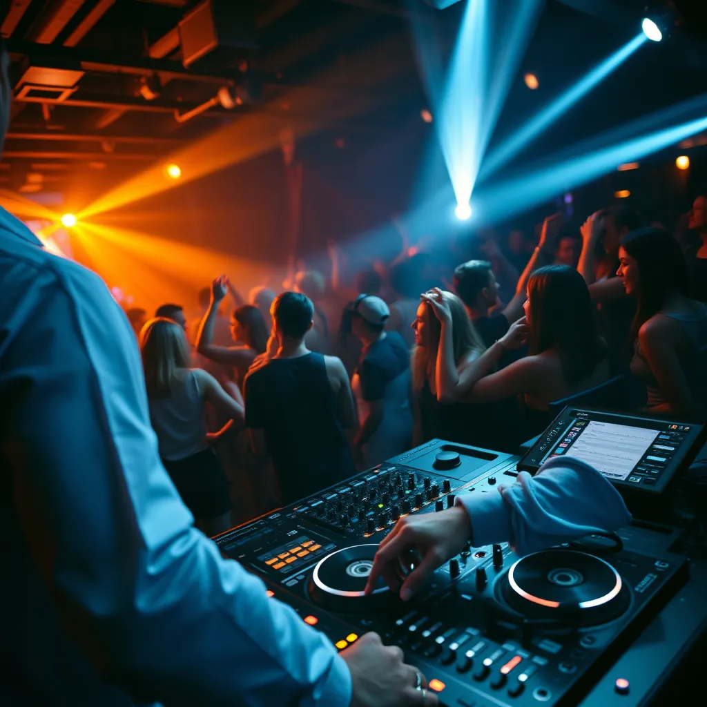 An action shot of a DJ mixing tracks at a busy event, with sound equipment prominently displayed. Focus on the DJ's concentration and skill, surrounded by lively partygoers dancing, with a light show illuminating the space.