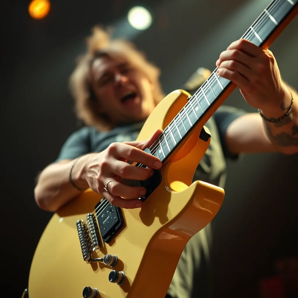 An action shot of a musician passionately playing a custom guitar on stage, with dynamic lighting highlighting the guitar's contours. Focus on the player's hands and the guitar neck, capturing the intensity of the performance.
