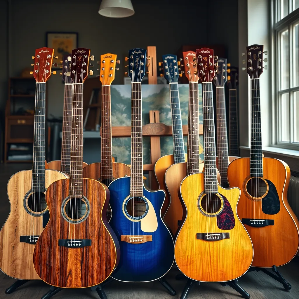  An array of handmade acoustic and electric guitars displayed artistically. Each guitar features distinct wood grains, colors, and inlays. Natural light enhances the wood textures, and an artist's painting easel can be seen in the background.