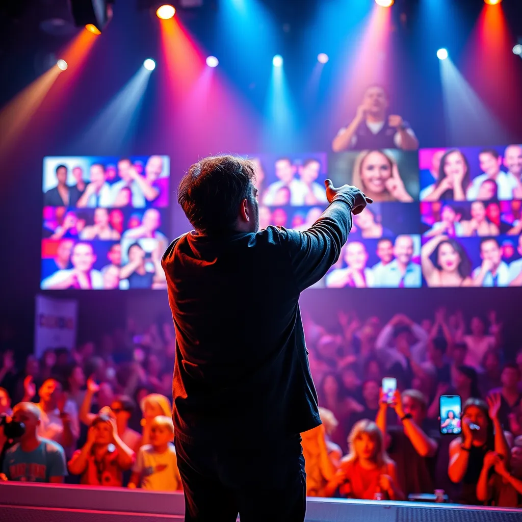 An artist on stage pointing toward the camera, engaging with fans during a live-streamed concert. The background features vibrant visuals and expressions of fans watching on screens, showcasing excitement and lively interactions through social media feeds.